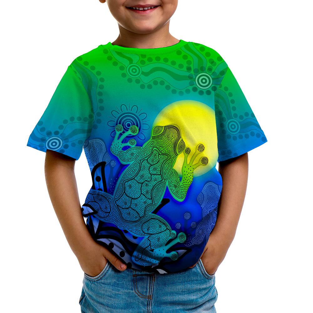 Aboriginal T shirts Kid - Indigenous Frog (Blue) - Vibe Hoodie Shop