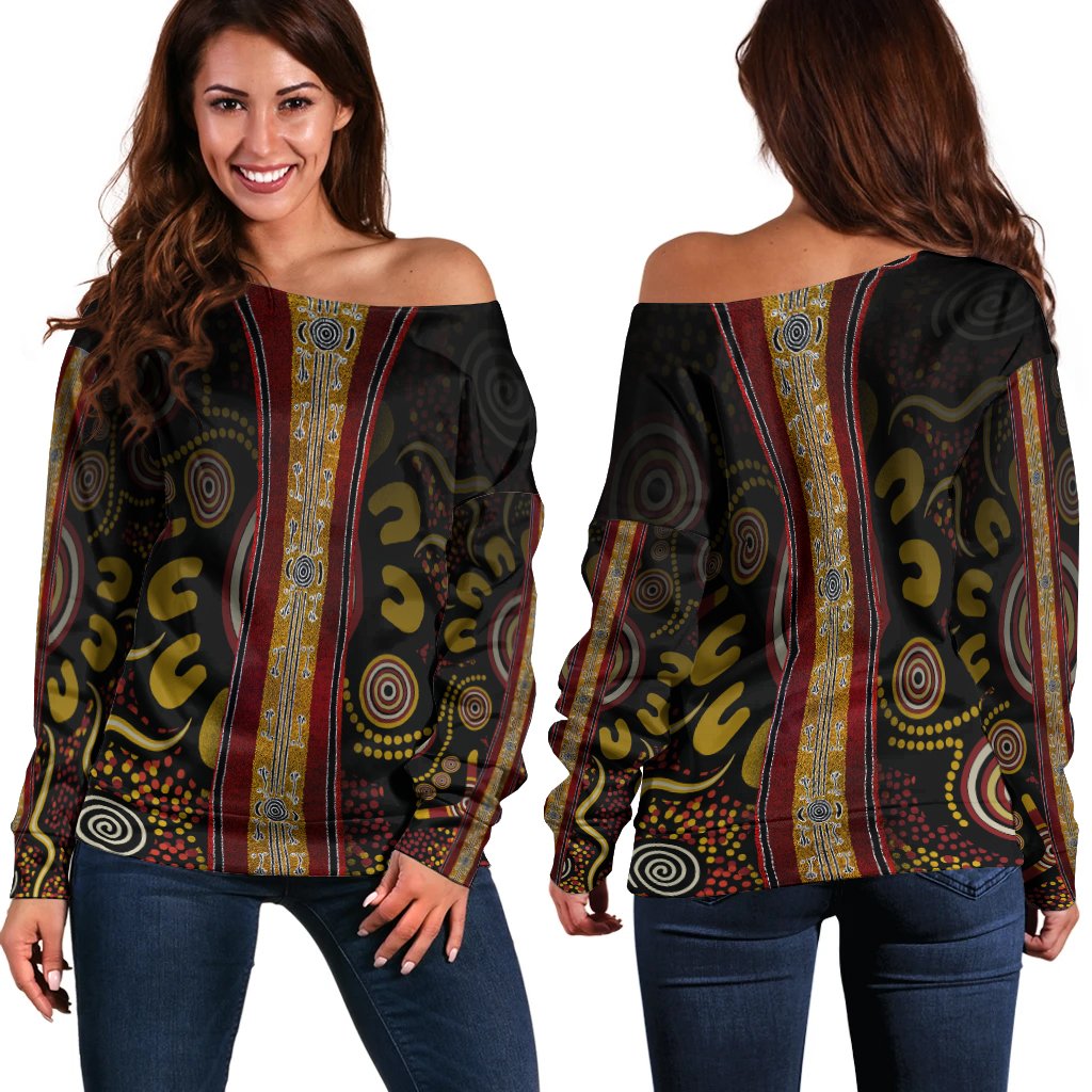 Women Off Shoulder - Aboriginal Dot Panting Art Stripe Lines - Vibe Hoodie Shop