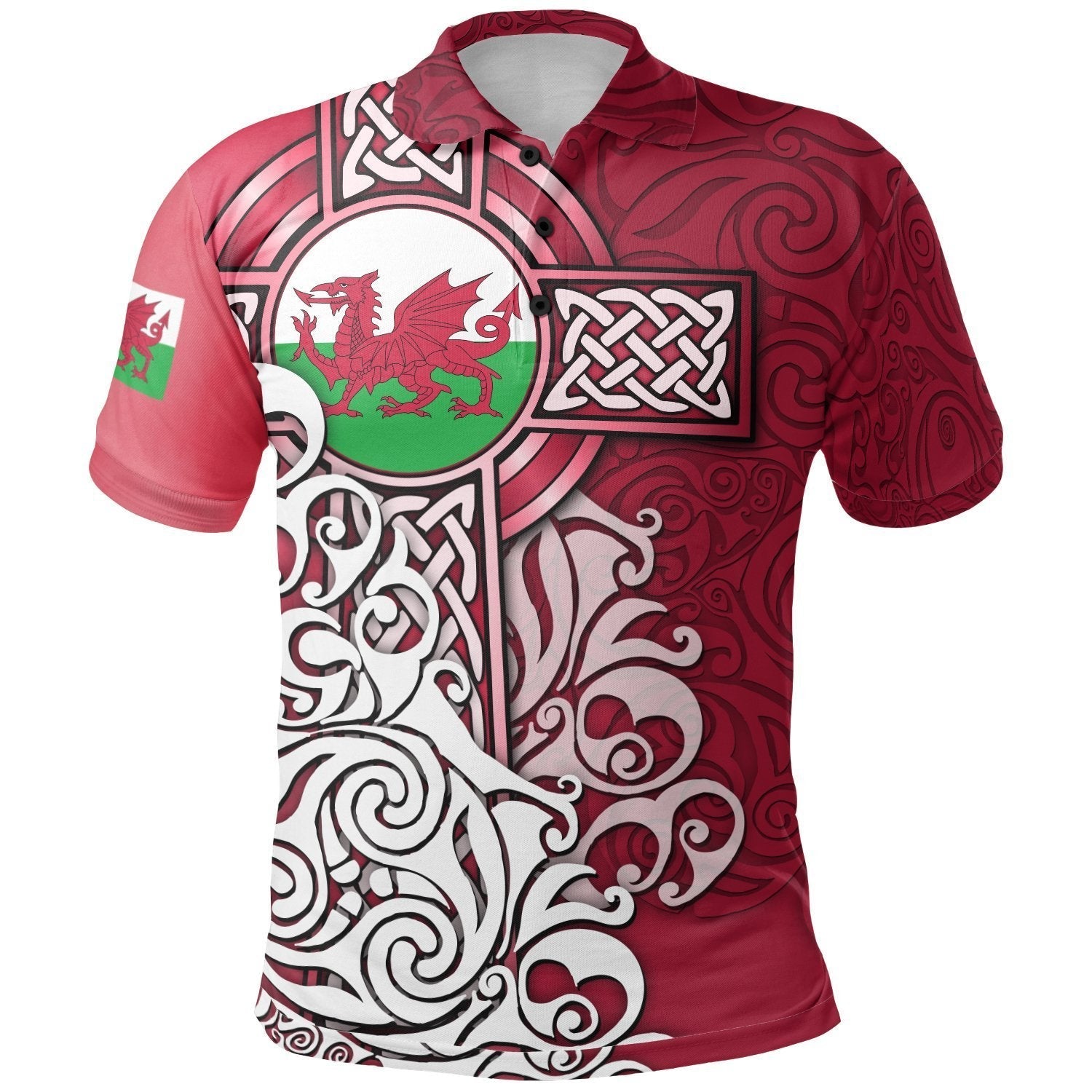 Wales Celtic Polo Shirt - Welsh Dragon Flag with Celtic Cross - Vibe Hoodie Shop