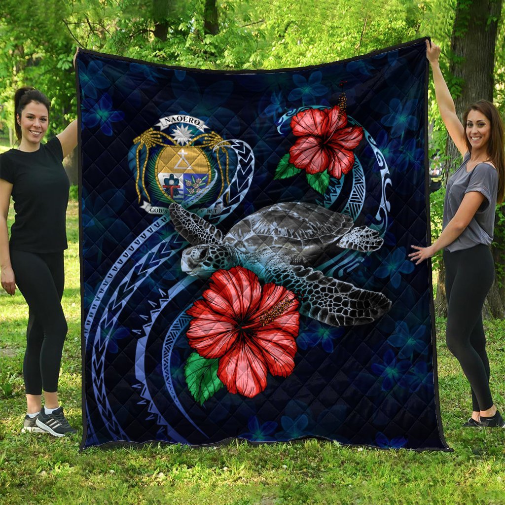 Nauru Polynesian Premium Quilt - Blue Turtle Hibiscus - Vibe Hoodie Shop