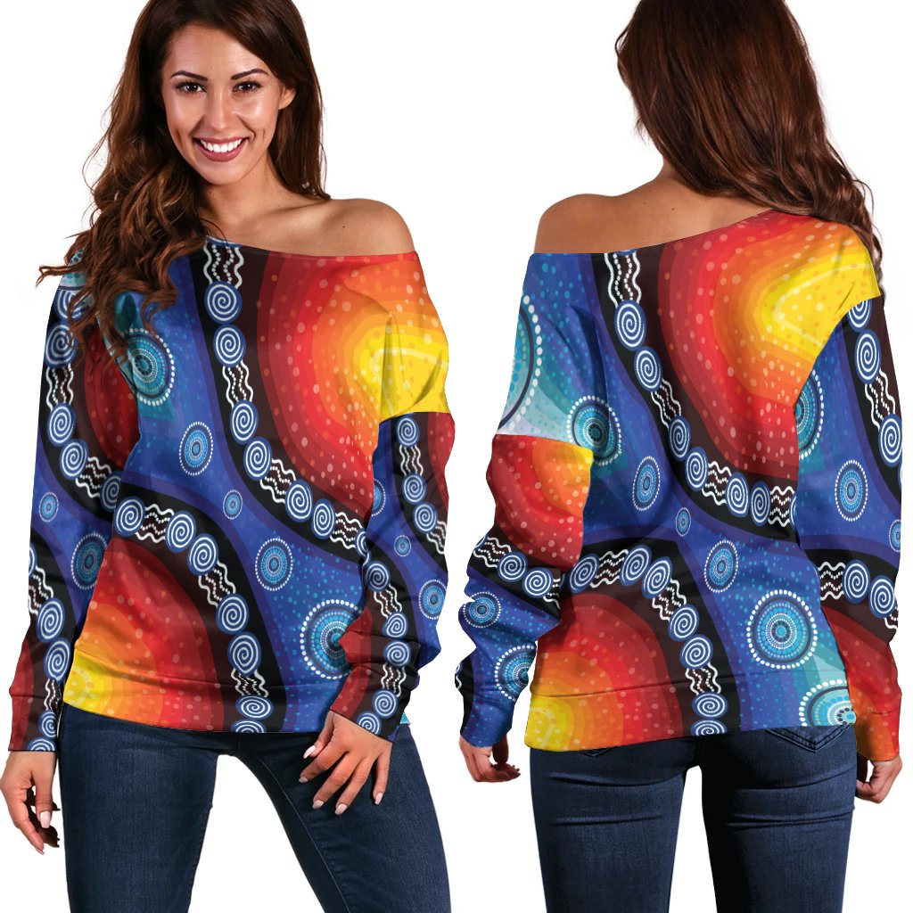 off Shoulder Sweater - Aboriginal Color Dot Painting - Vibe Hoodie Shop