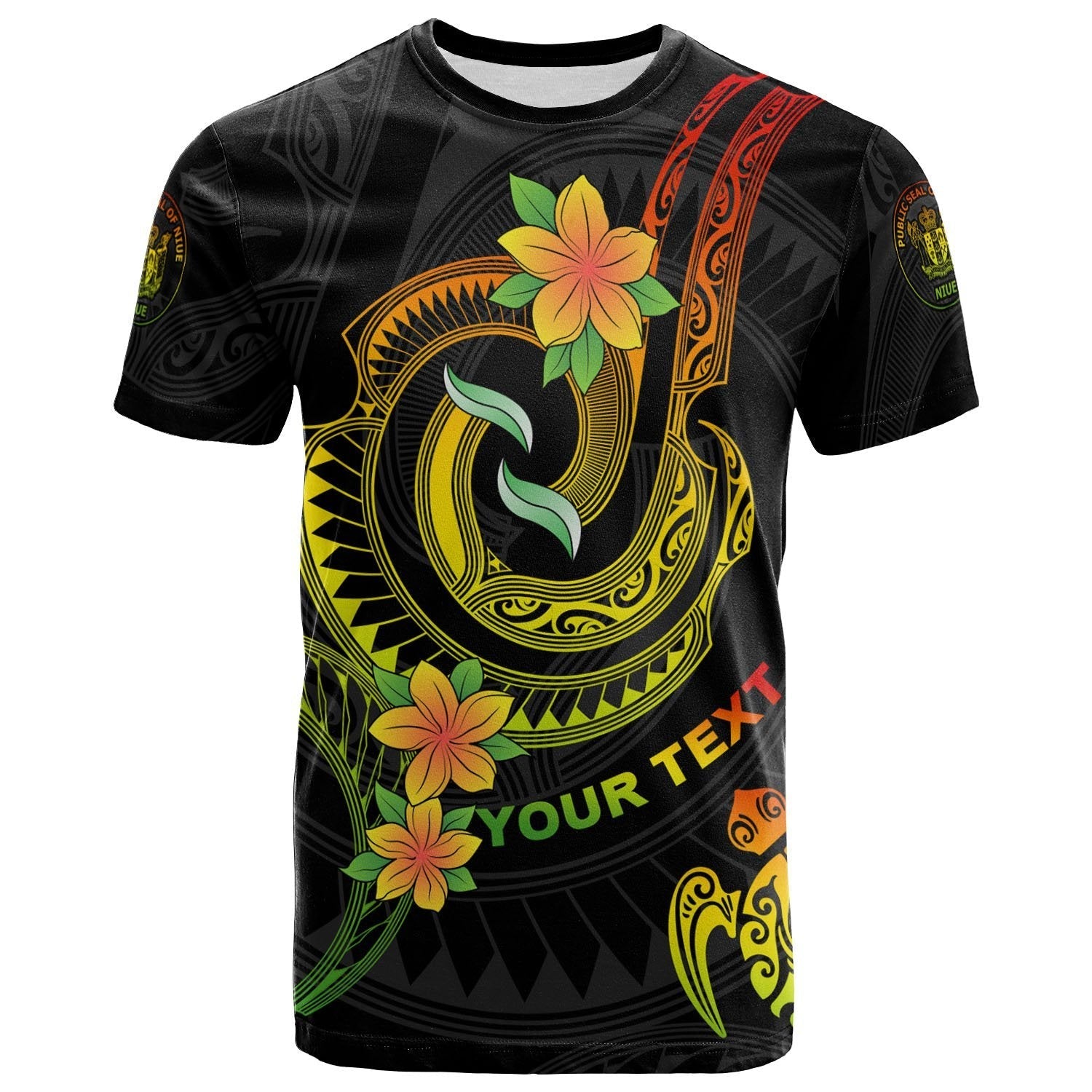 Niue Custom Personalised T - Shirt - Reggae Plumeria Flowers with Spiral Patterns - Vibe Hoodie Shop