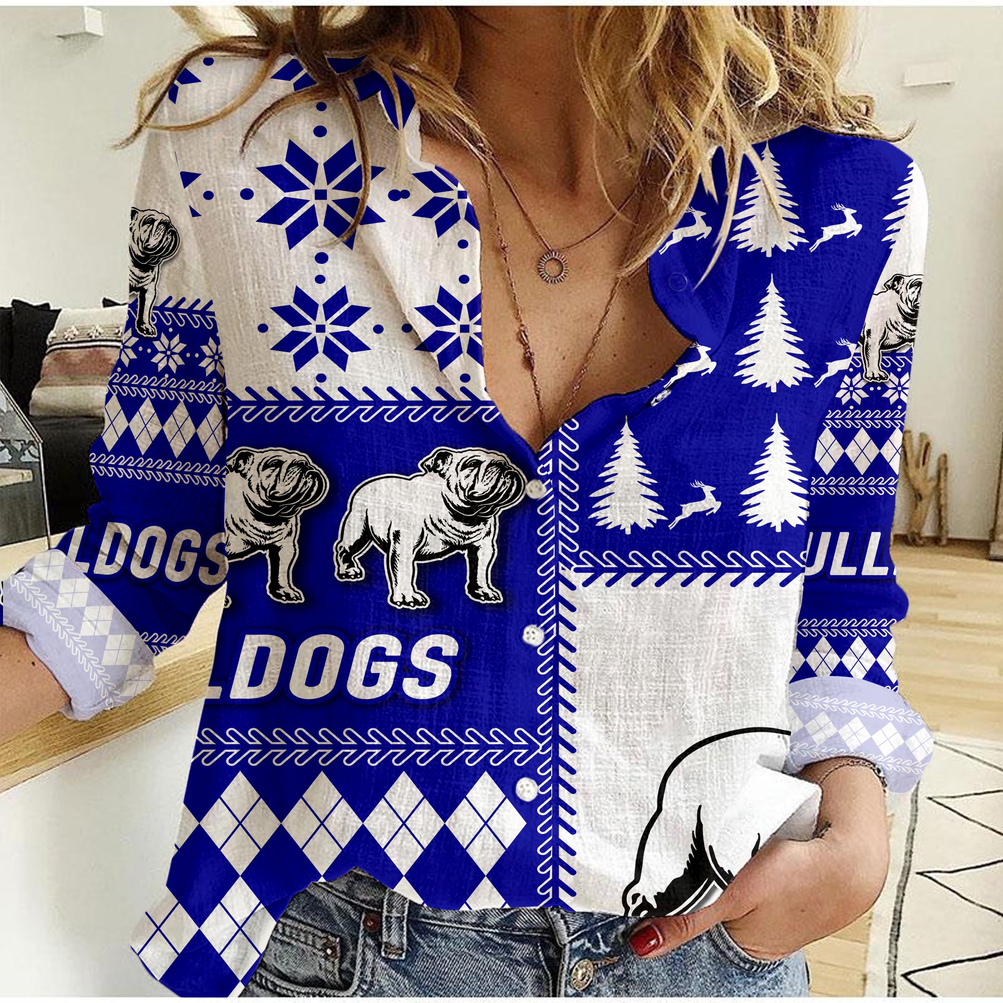 Bulldogs Rugby Christmas 2022 Women Casual Shirt - - Vibe Hoodie Shop