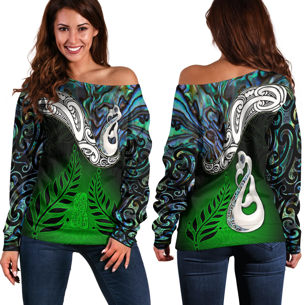 New Zealand Maori Off Shoulder Sweater - Manaia Paua Shell Glitter Green LT4 - Vibe Hoodie Shop