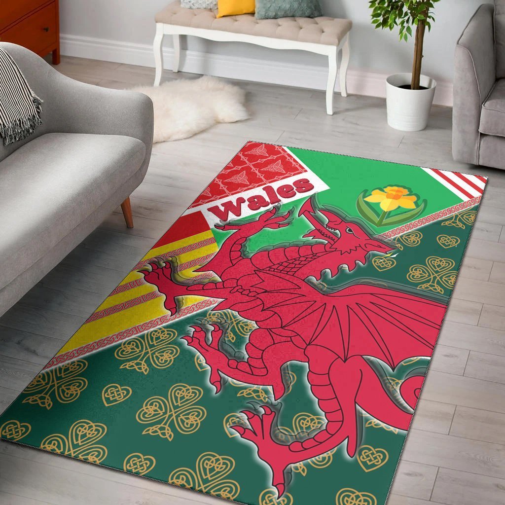 Celtic Wales Area Rug - Cymru Dragon and Daffodils - Vibe Hoodie Shop