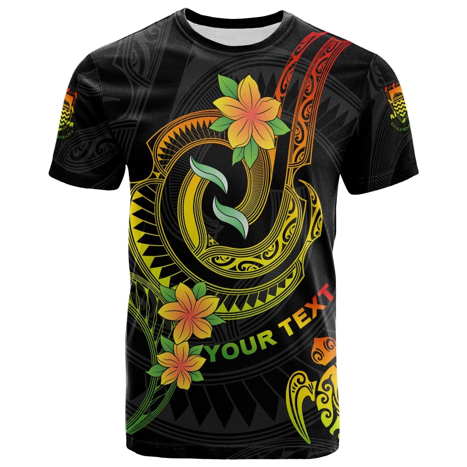 Tuvalu Custom Personalised T - Shirt - Reggae Plumeria Flowers with Spiral Patterns - Vibe Hoodie Shop