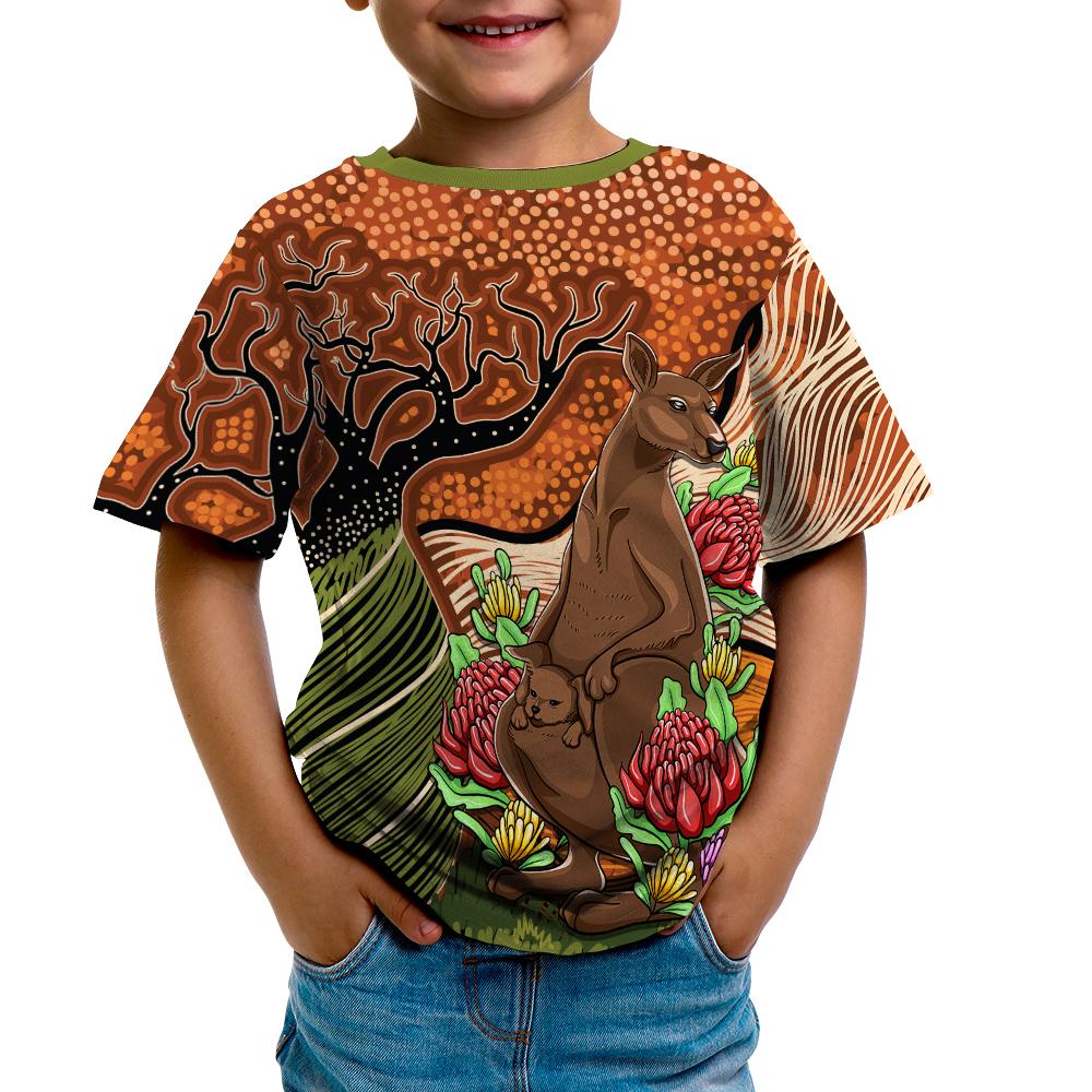 Aboriginal T shirt Kids - Kangaroo With Indigenous Tree - Vibe Hoodie Shop