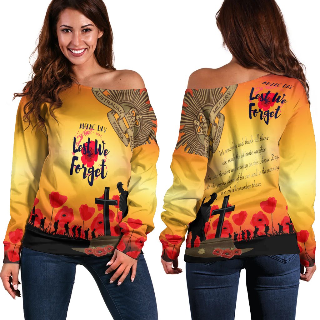 ANZAC Day Women's Off Shoulder Sweater - Lest We Forget - Vibe Hoodie Shop
