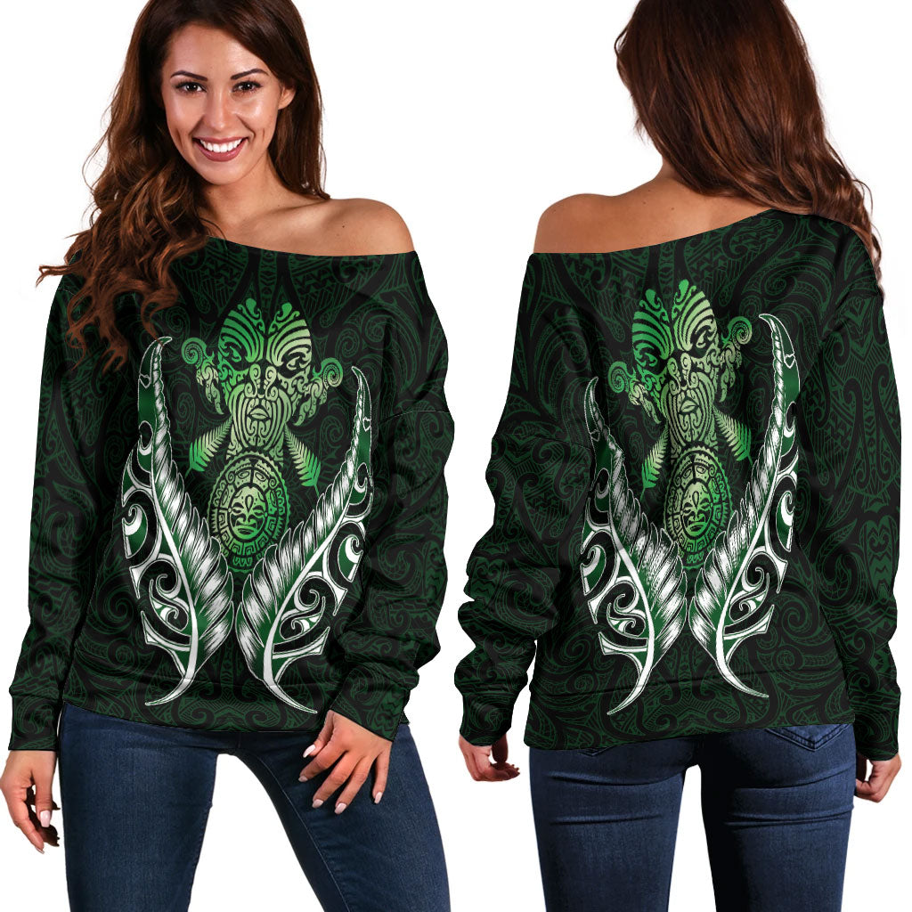 New Zealand Silver Fern Women Off Shoulder Sweater Green - - Vibe Hoodie Shop