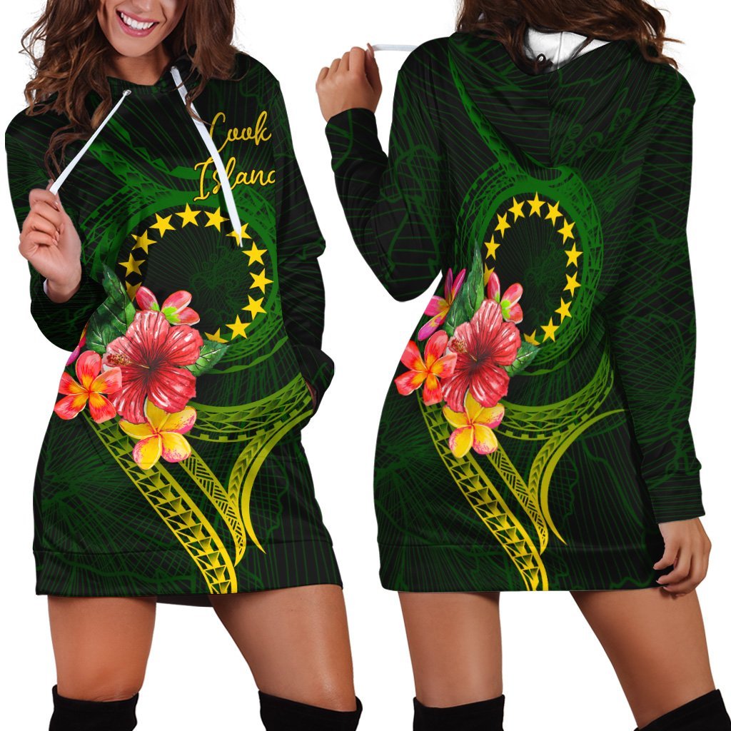 Cook Islands Polynesian Hoodie Dress - Floral With Seal Flag Color - Vibe Hoodie Shop