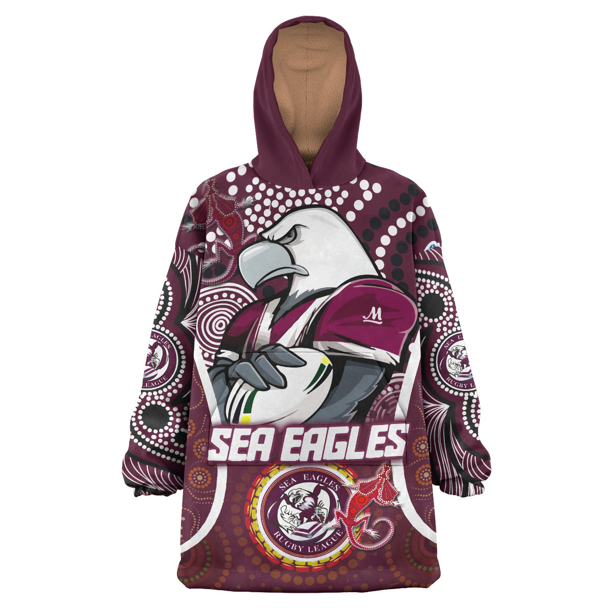Sea Eagles Rugby Snug Hoodie - Custom Manly Sea Eagles Mascot With Aboriginal Art Personalised Player And Number Wearable Blanket Hoodie RLT14 - Vibe Hoodie Shop