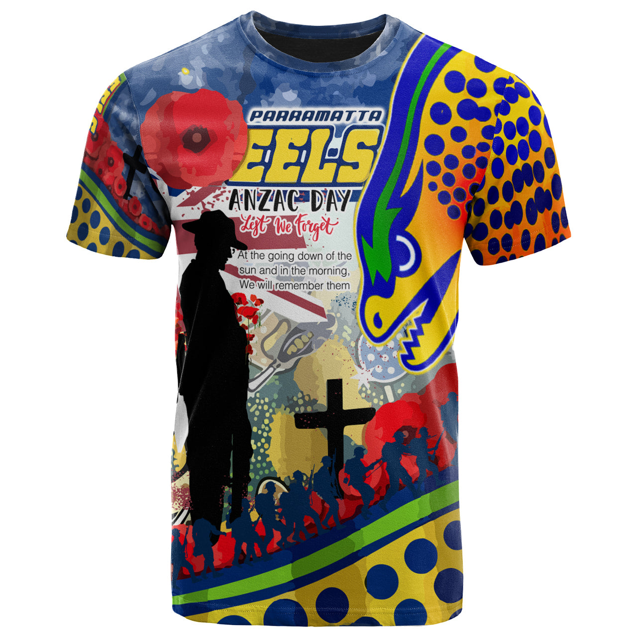 Eels Rugby Australia ANZAC Day Lest We Forget Custom T shirt - Remembrance Eels With ANZAC Poppy Watercolour Style RLT13 - Vibe Hoodie Shop