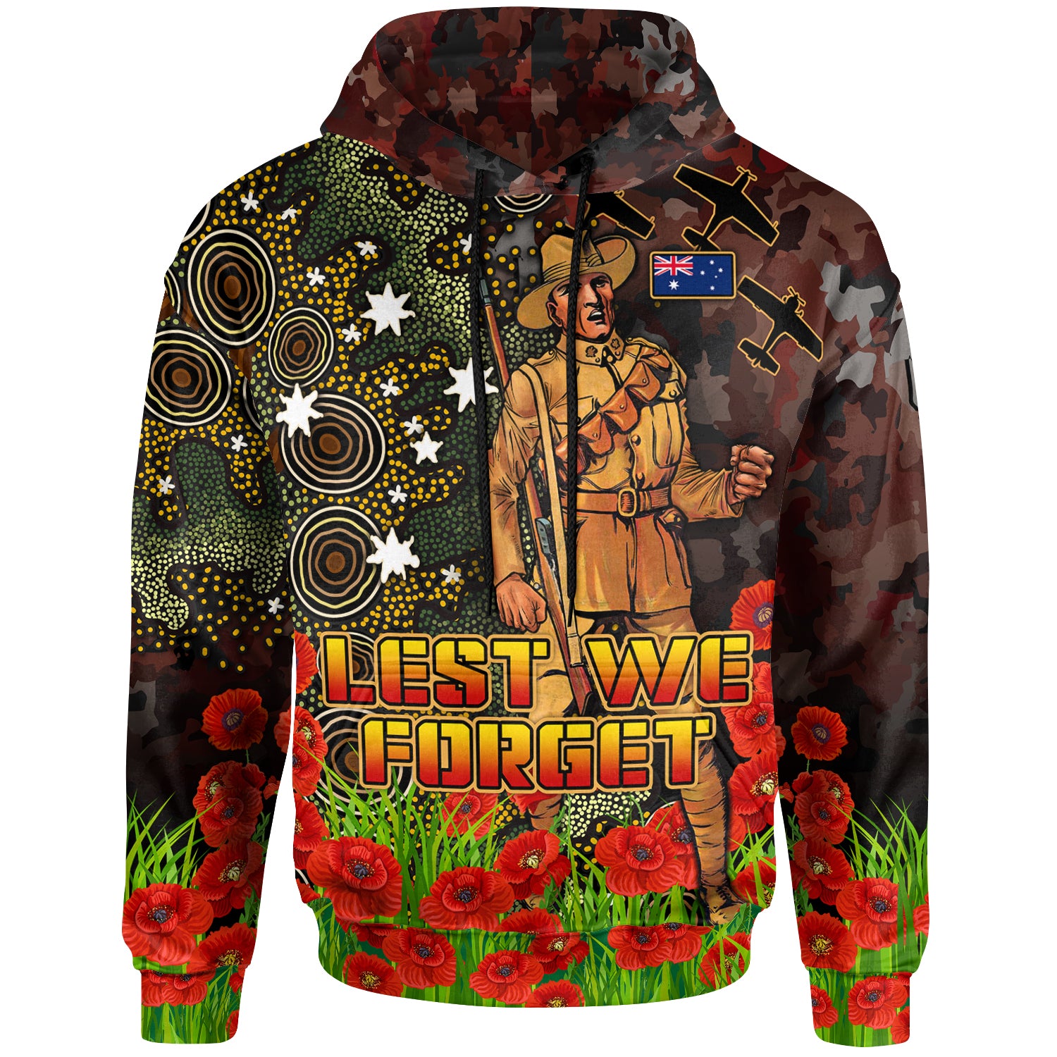 Australia Anzac Hoodie - Anzac Soldier with Remembrance Poppy and Indigenous Patterns Hoodie - Vibe Hoodie Shop