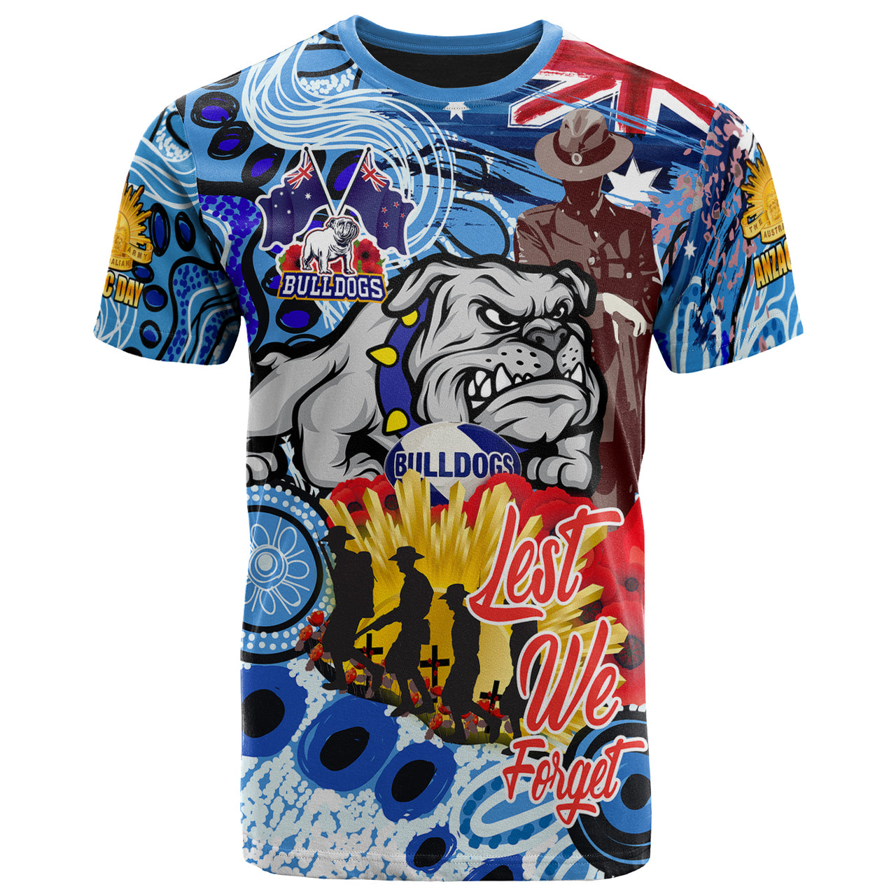 Bulldogs Rugby Australia And NZ ANZAC Day T shirt - Lest We Forget Bulldogs With Rugby Ball And Aboriginal Patterns RLT12 - Vibe Hoodie Shop