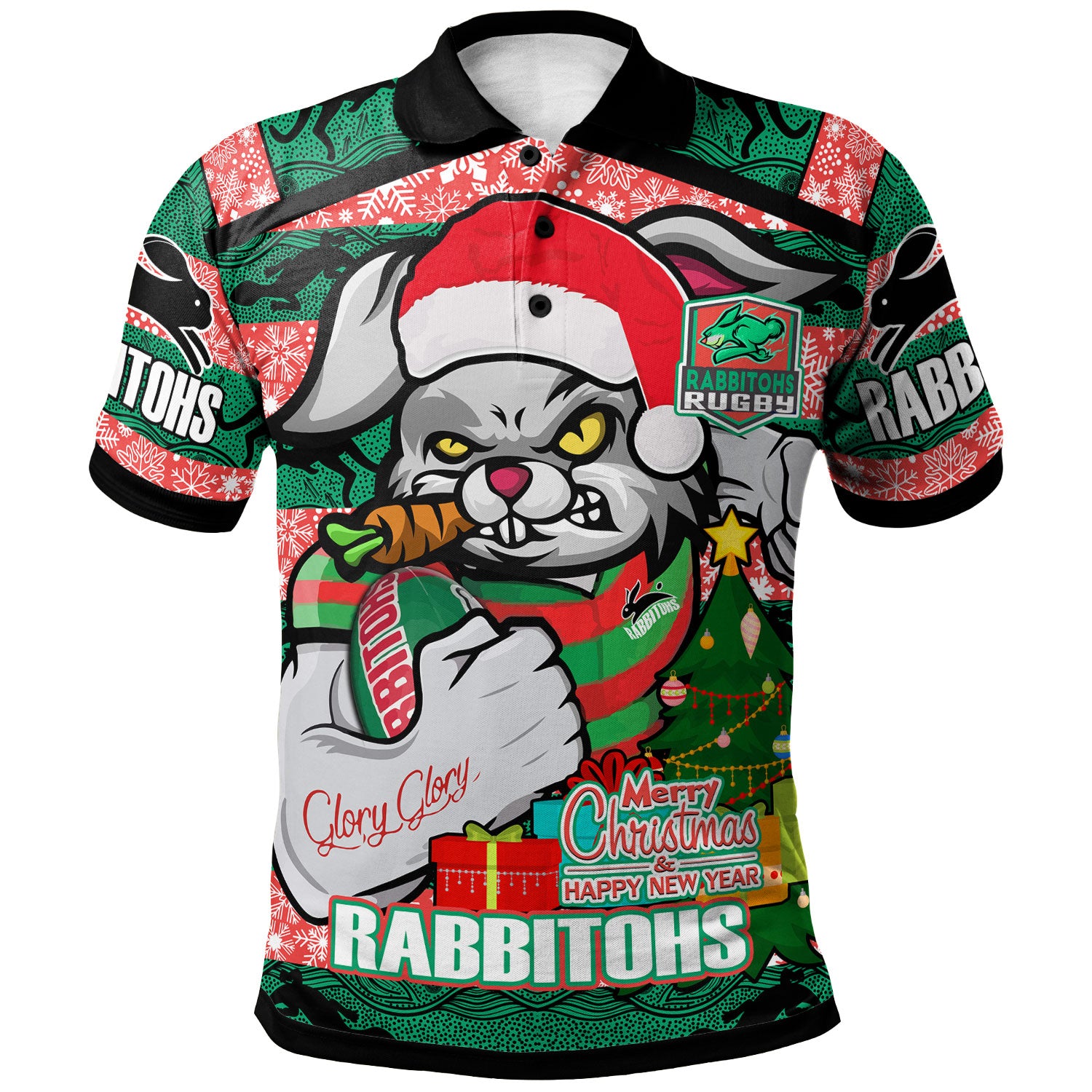 Rabbitohs Christmas Rugby Polo Shirt - Merry Christmas Super Rabbitohs With Rugby Ball And Aboriginal Patterns Custom Polo Shirt - Vibe Hoodie Shop