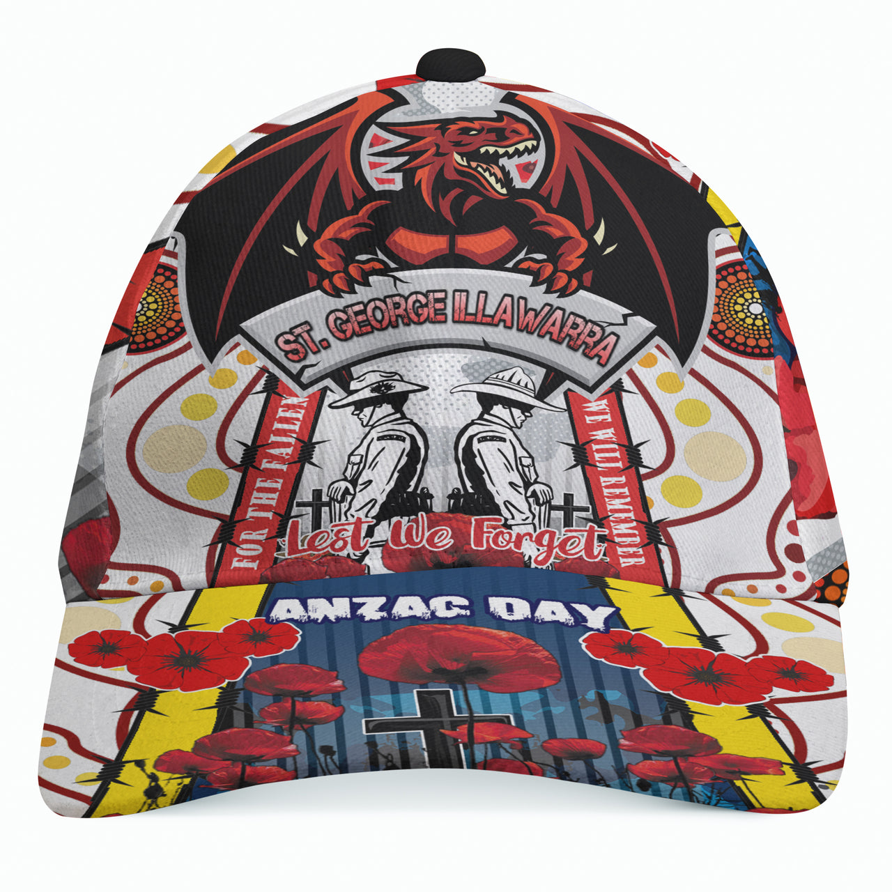 St. George Rugby ANZAC Day Watercolour Custom Cap - Remembrance Dragons With Poppy Flower RLT13 - Vibe Hoodie Shop