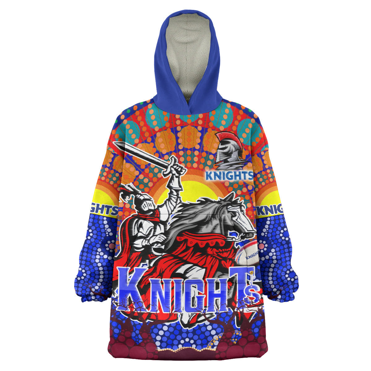 Knights Rugby Snug Hoodie - Custom Indigenous Knights With Rugby Ball And Sun Watercolor Dot Painting Wearable Blanket Hoodie - Vibe Hoodie Shop