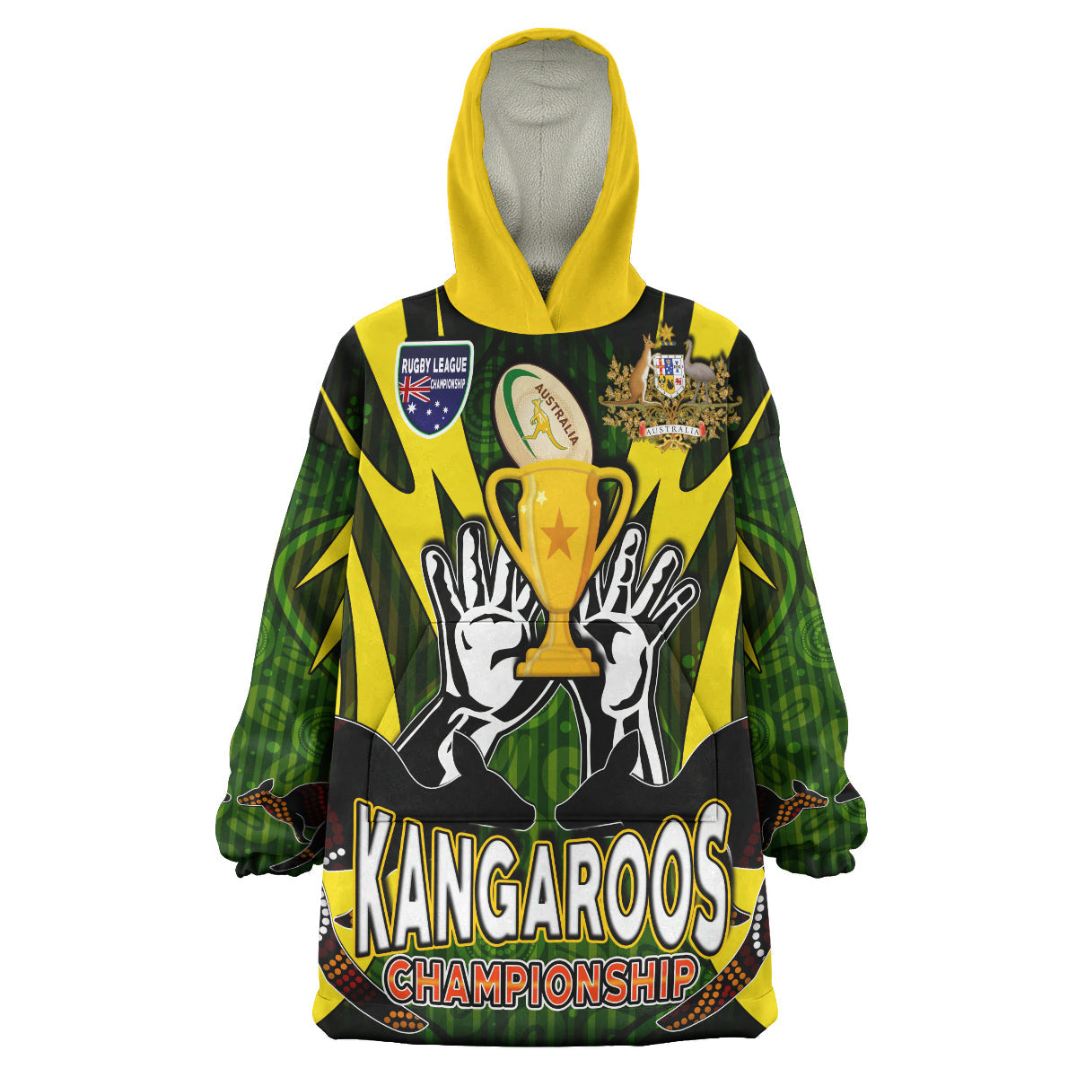 Kangaroos Rugby Snug Hoodie - Custom Kangaroo Rugby League Coat Of Arms Aboriginal Culture Personalised Player And Number Wearable Blanket Hoodie - Vibe Hoodie Shop