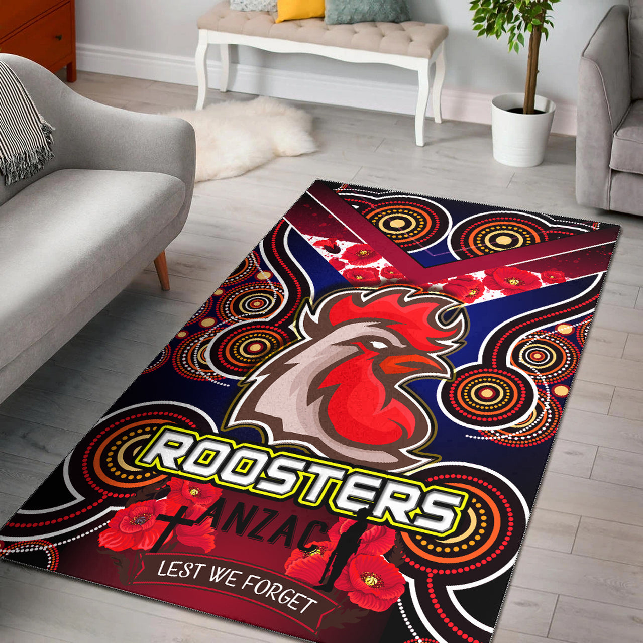 Roosters Rugby Area Rug - Aboriginal Rooster ANZAC Day Lest We Forget With Poppy Flower Patterns Area Rug RLT12 - Vibe Hoodie Shop