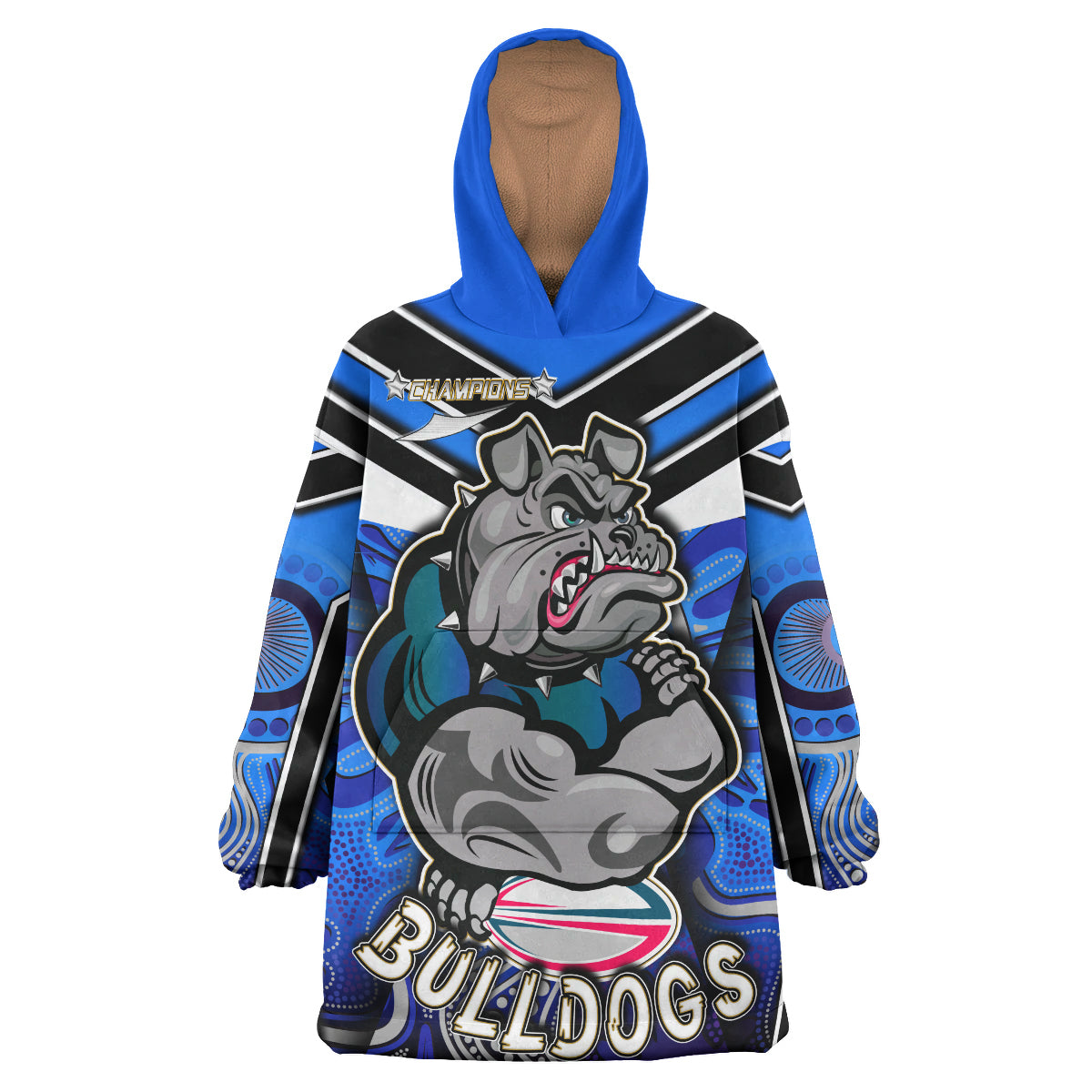 Bulldogs Rugby Snug Hoodie - Custom Bulldog Rugby Ball With Aboriginal Pattern Personalised Player And Number Wearable Blanket Hoodie RLT14 - Vibe Hoodie Shop