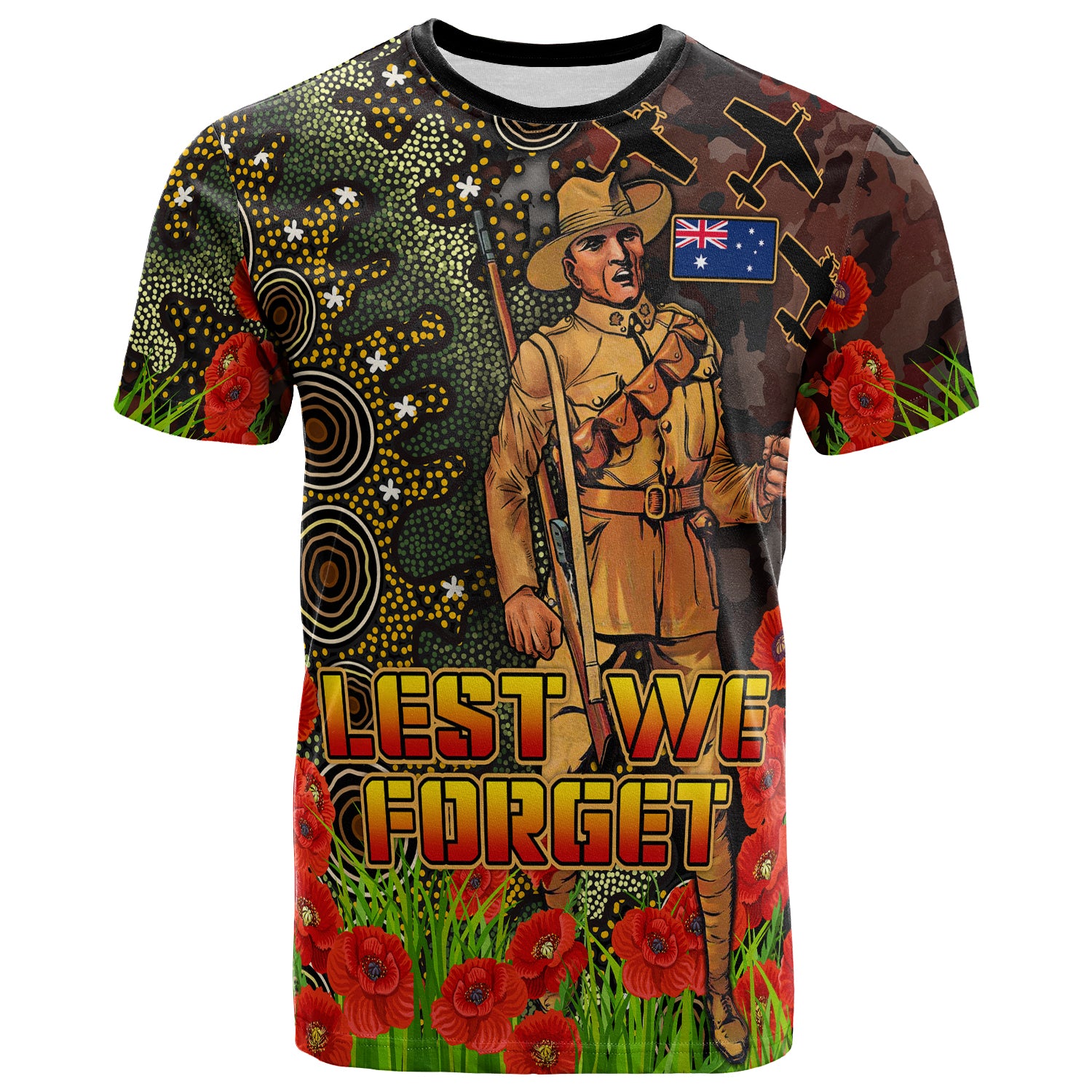 Australia Anzac T-shirt - Anzac Soldier with Remembrance Poppy and Indigenous Patterns T-shirt - Vibe Hoodie Shop