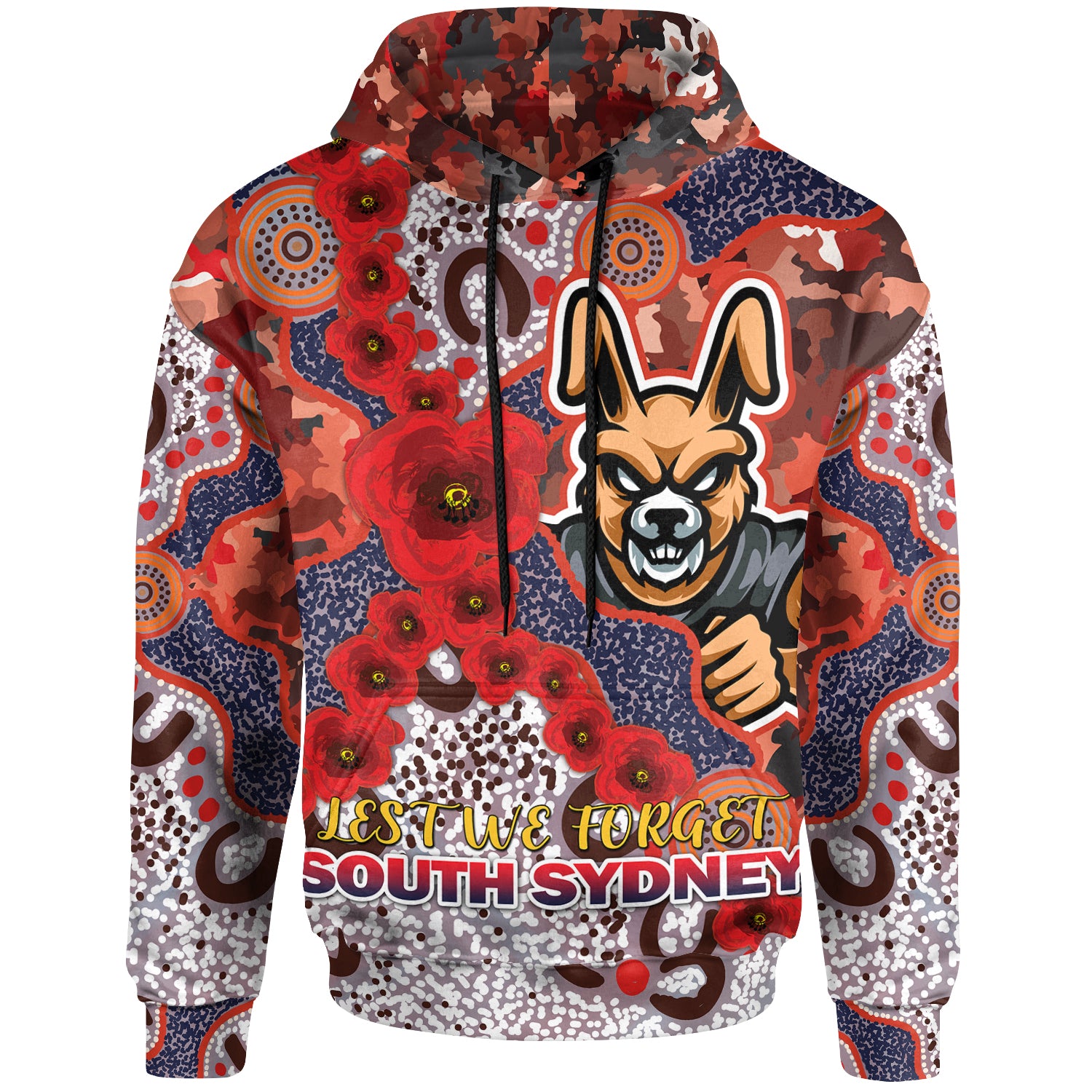 Australia South Sydney Anzac Hoodie - Custom Anzac Souths with Aboriginal Inspired Poppy Flowers Hoodie - Vibe Hoodie Shop