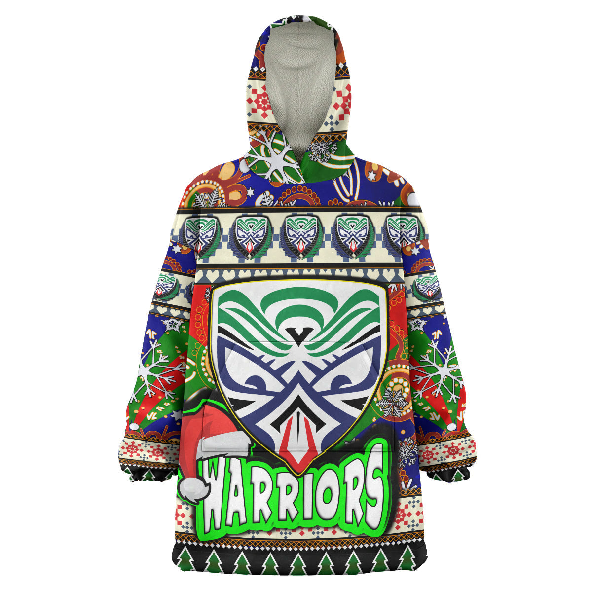 Warriors Rugby Christmas Snug Hoodie - Custom Xmas Warriors Christmas Balls, Snowflake With Aboriginal Patterns Wearable Blanket Hoodie - Vibe Hoodie Shop