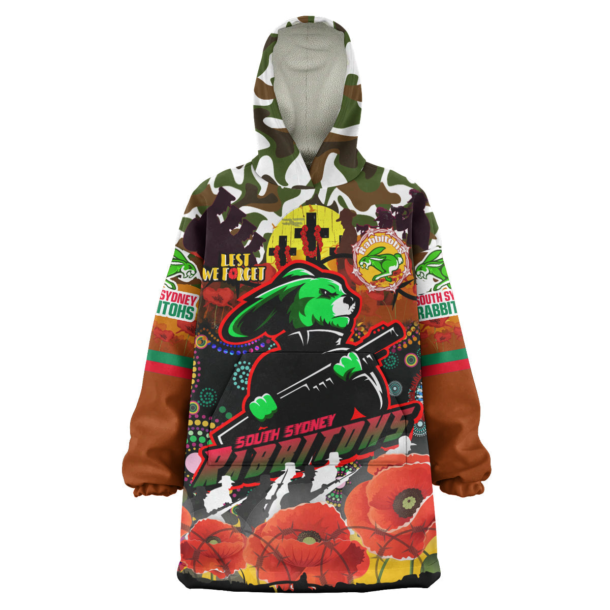 Rabbitohs Rugby Camouflage Anzac Poppy Snug Hoodie - Souths Anzac Lest We Forget Spirit Wearable Blanket Hoodie - Vibe Hoodie Shop