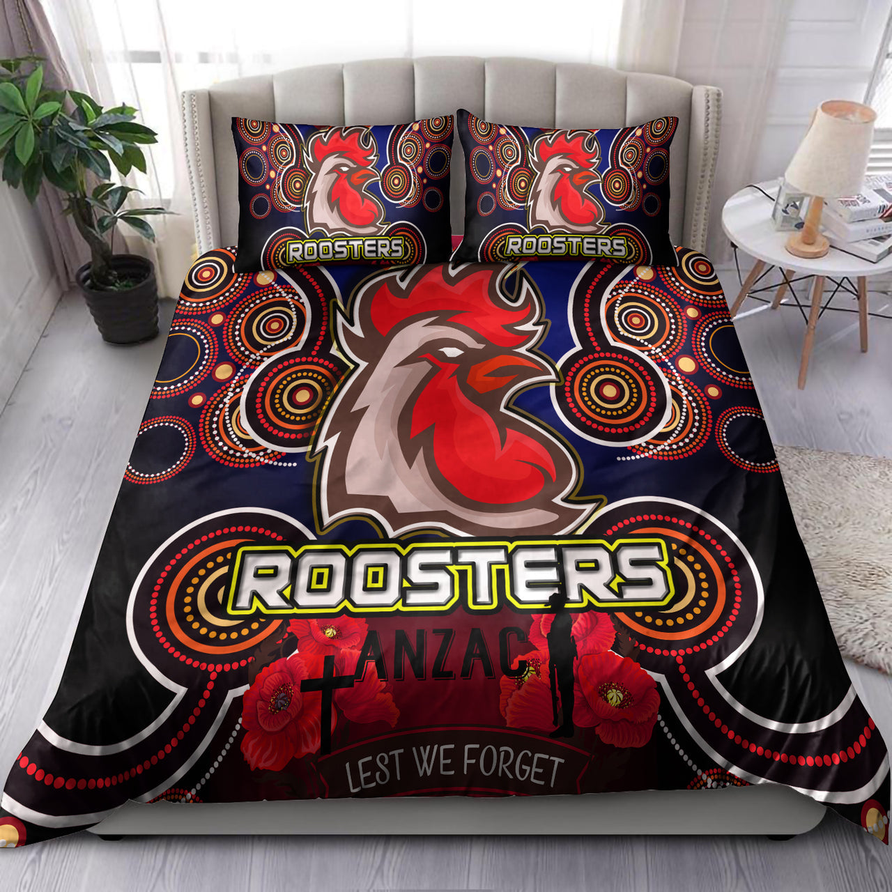 Roosters Rugby Bedding Set - Aboriginal Rooster ANZAC Day Lest We Forget With Poppy Flower Patterns Bedding Set RLT12 - Vibe Hoodie Shop
