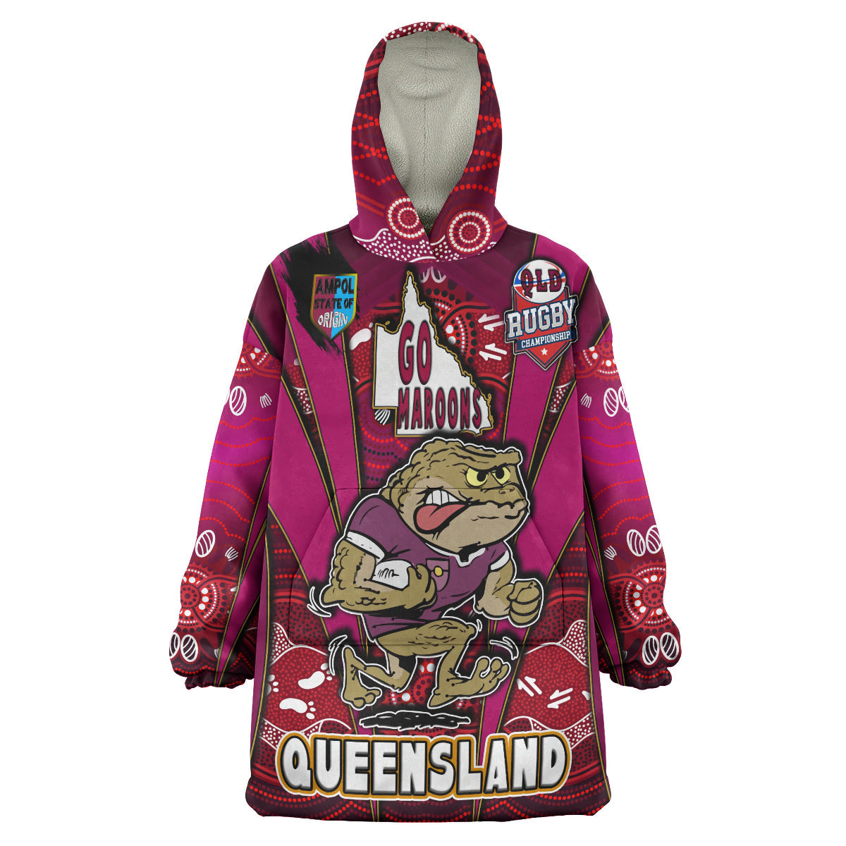 Queensland Rugby League Team Snug Hoodie - Custom Queensland Maroons Mascot With Aboriginal Art STATE OF ORIGIN Wearable Blanket Hoodie - Vibe Hoodie Shop