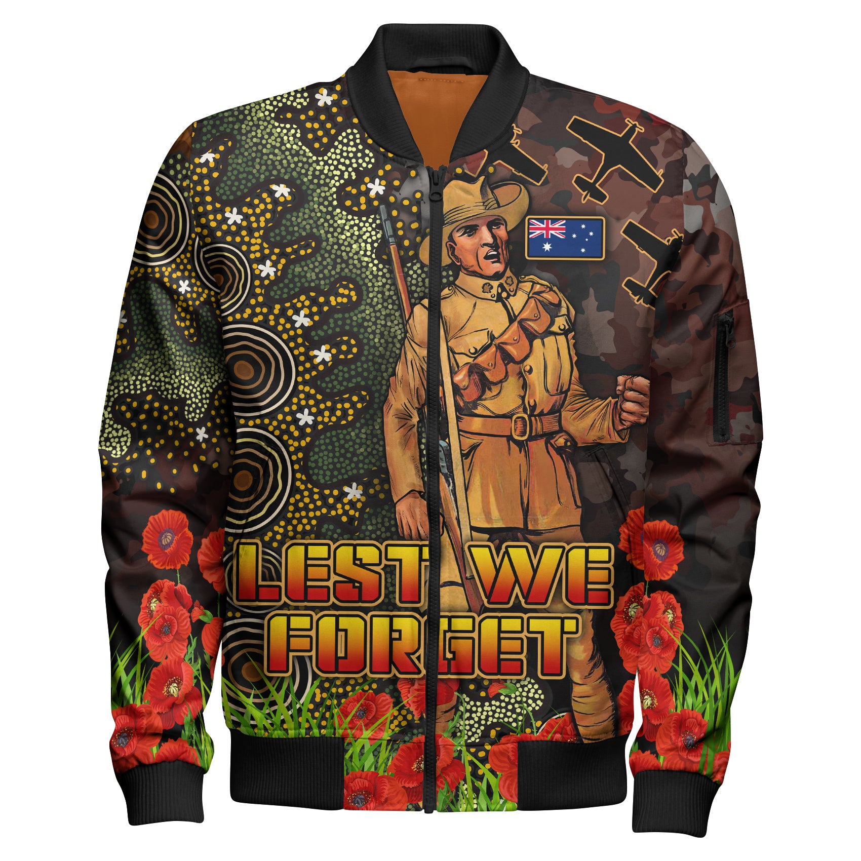 australia-anzac-sleeve-zip-bomber-jacket-anzac-soldier-with-remembrance-poppy-and-indigenous-patterns-sleeve-zip-bomber-jacket