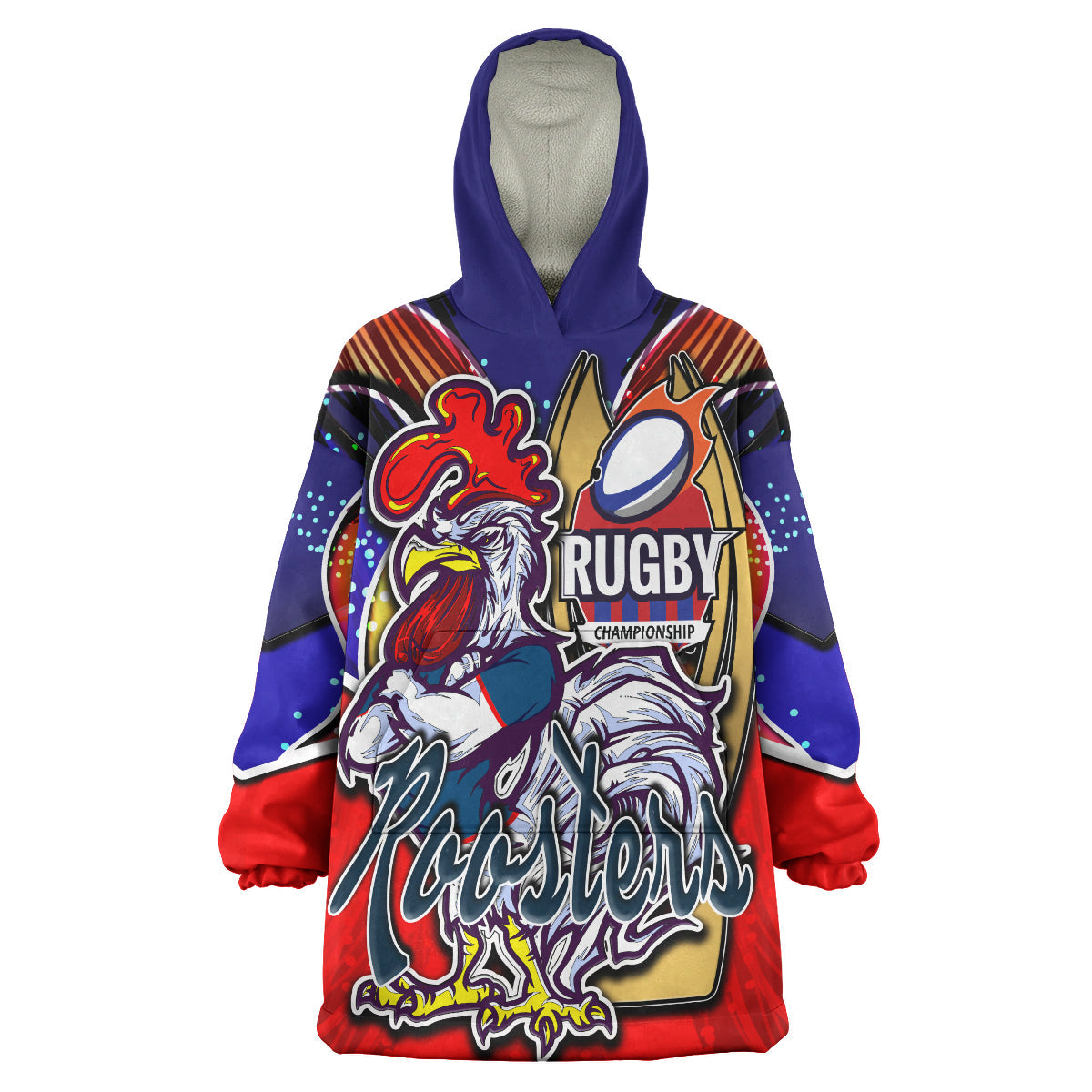 Roosters Rugby Snug Hoodie - Custom Rooster Mascot With Cup NRL Grand Final Player And Number Wearable Blanket Hoodie - Vibe Hoodie Shop