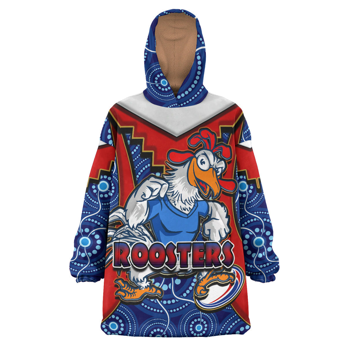 Roosters Rugby Snug Hoodie - Custom Rooster With Rugby Ball Aboriginal Dot Painting Personalised Player And Number Wearable Blanket Hoodie RLT14 - Vibe Hoodie Shop