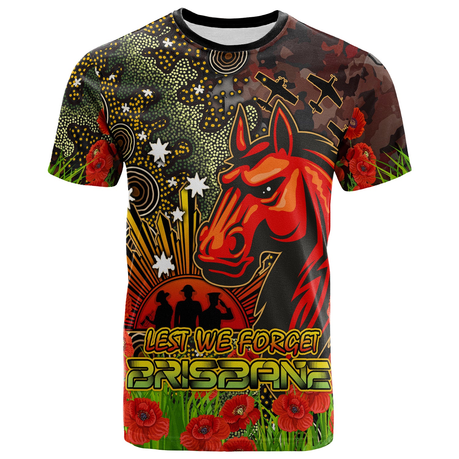 Australia Brisbane Anzac Custom T-shirt - Anzac Brisbane with Remembrance Poppy and Indigenous Patterns T-shirt - Vibe Hoodie Shop