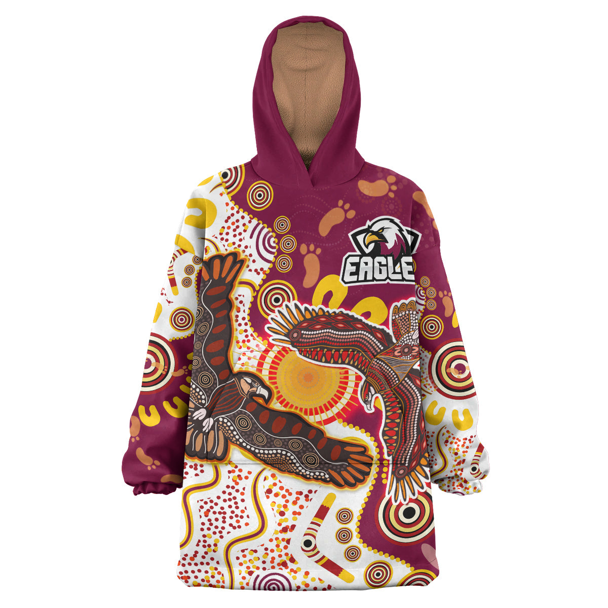 Manly Sea Eagles Aboriginal Rugby Snug Hoodie - Custom Double Sea Eagles With Tribal Sun And Footprints Wearable Blanket Hoodie RLT14 - Vibe Hoodie Shop
