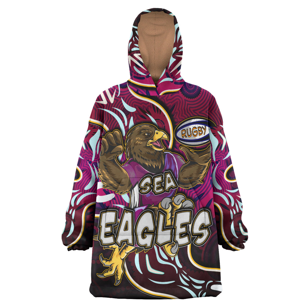 Sea Eagles Rugby Snug Hoodie - Custom Eagles Rugby With Aboriginal Patterns Personalised Player And Number Wearable Blanket Hoodie RLT14 - Vibe Hoodie Shop