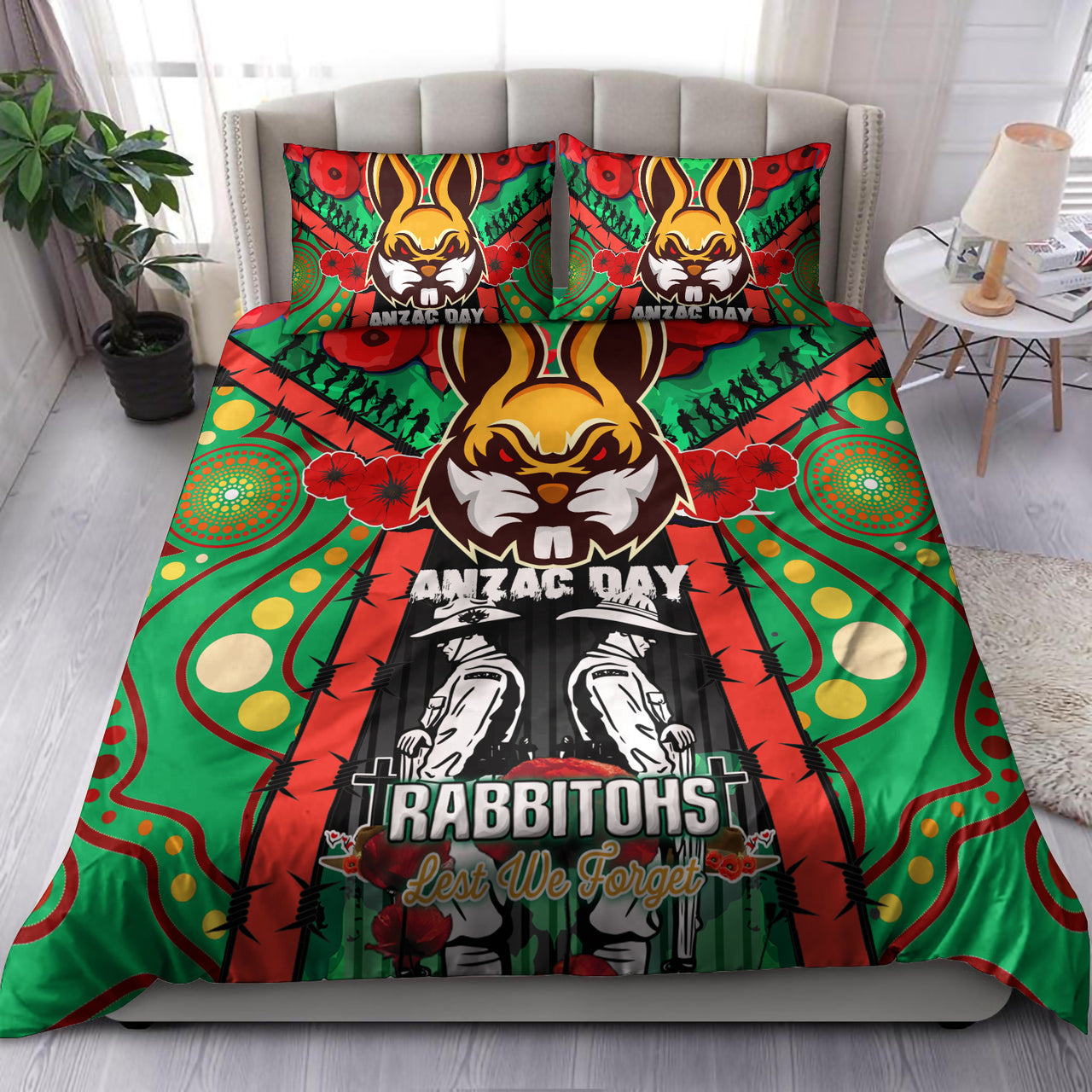 Rabbitohs Rugby Aboriginal ANZAC Day Custom Watercolour Bedding Set - Remembrance Indigenous Rabbitohs With Poppy Flower RLT13 - Vibe Hoodie Shop