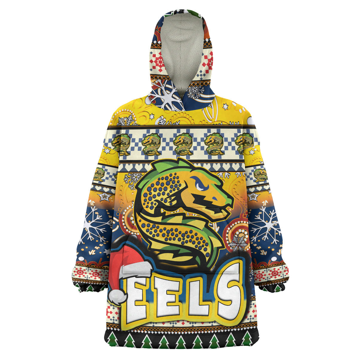Eels Rugby Christmas Snug Hoodie - Custom Xmas Eels Christmas Balls, Snowflake With Aboriginal Patterns Wearable Blanket Hoodie - Vibe Hoodie Shop