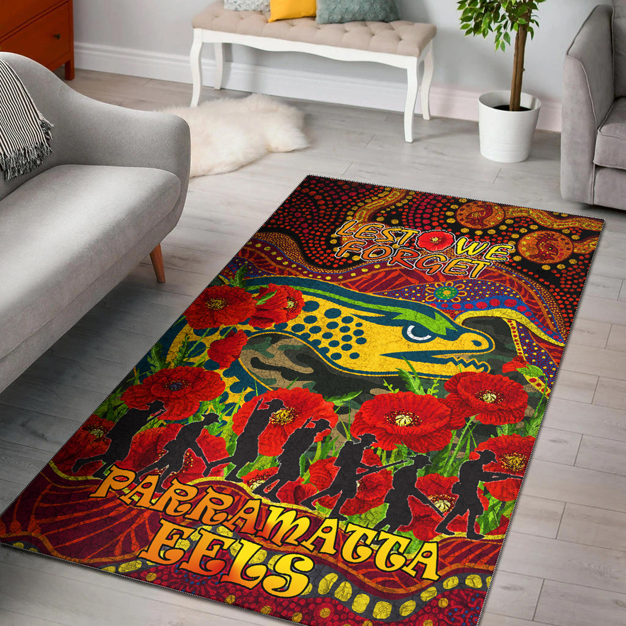 Eels Rugby Aboriginal ANZAC Day Custom Area Rug - Lest We Forget Eels With Poppy Flower LT10 - Vibe Hoodie Shop