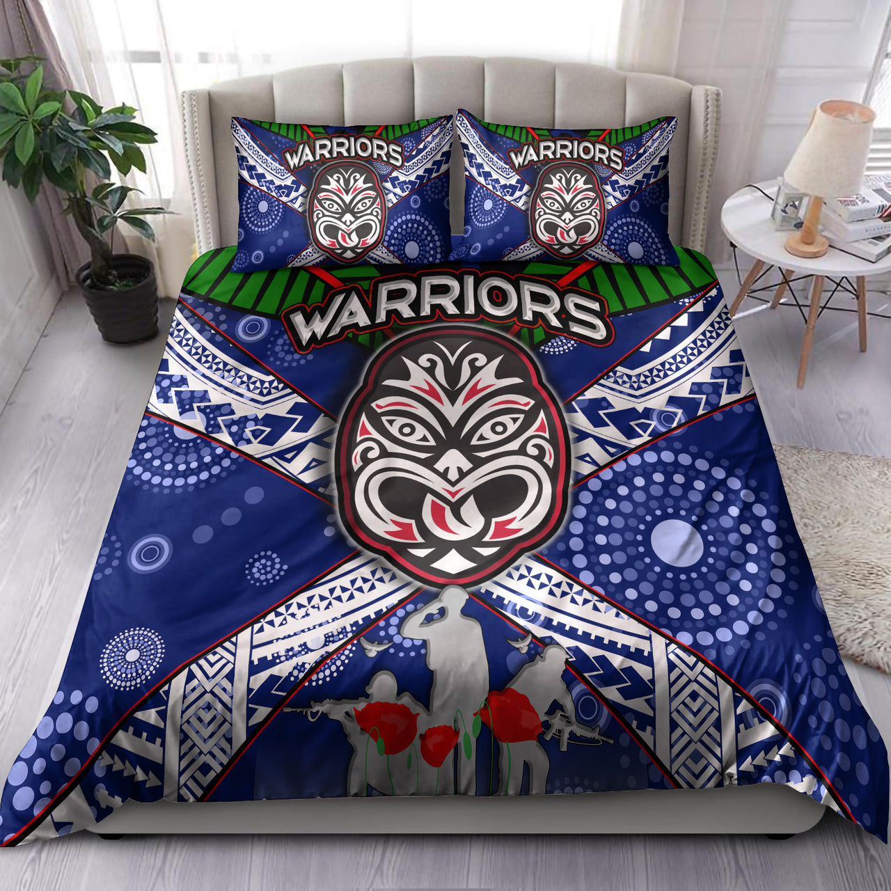 Warriors Rugby Bedding Set - Aboriginal Dot Art ANZAC Day Warriors With Poppy Flower Patterns Bedding Set RLT12 - Vibe Hoodie Shop
