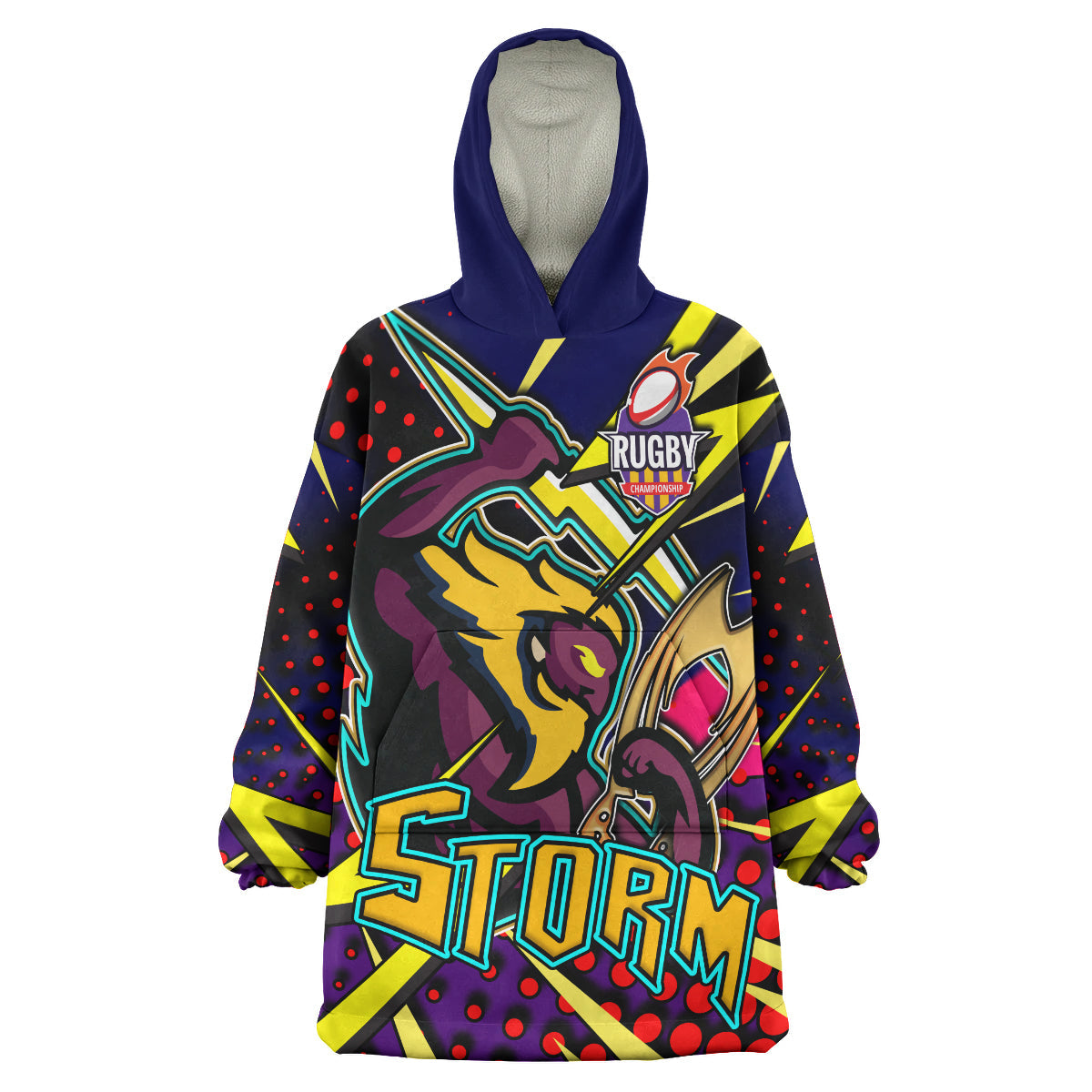 Storm Rugby Snug Hoodie - Custom Storm And Thunder Rugby NRL Grand Final Style Of Dot Background Personalised Player And Number Wearable Blanket Hoodie - Vibe Hoodie Shop