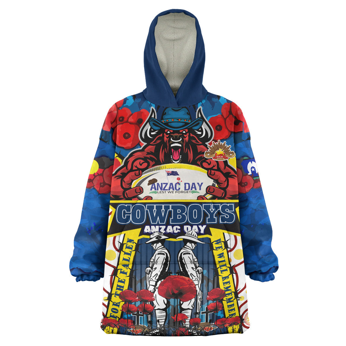 Cowboys Rugby Anzac Day Snug Hoodie - Custom Remembrance Cowboys With Rugby Ball And Poppy Flower Wearable Blanket Hoodie - Vibe Hoodie Shop