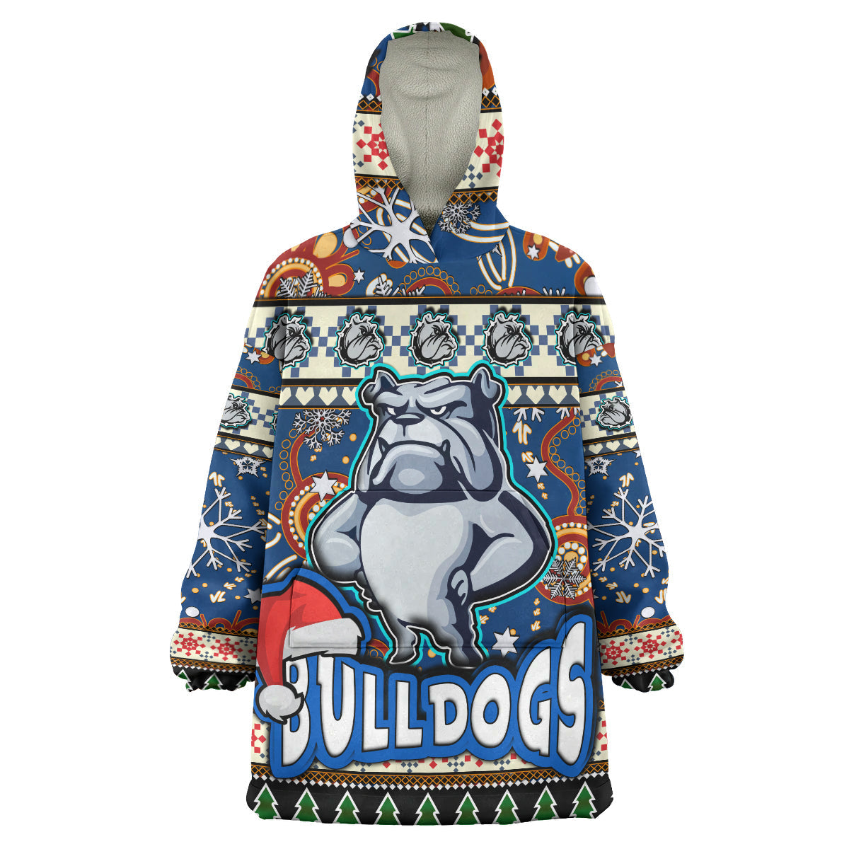 Bulldogs Rugby Christmas Snug Hoodie - Custom Xmas Bulldogs Christmas Balls, Snowflake With Aboriginal Patterns Wearable Blanket Hoodie - Vibe Hoodie Shop