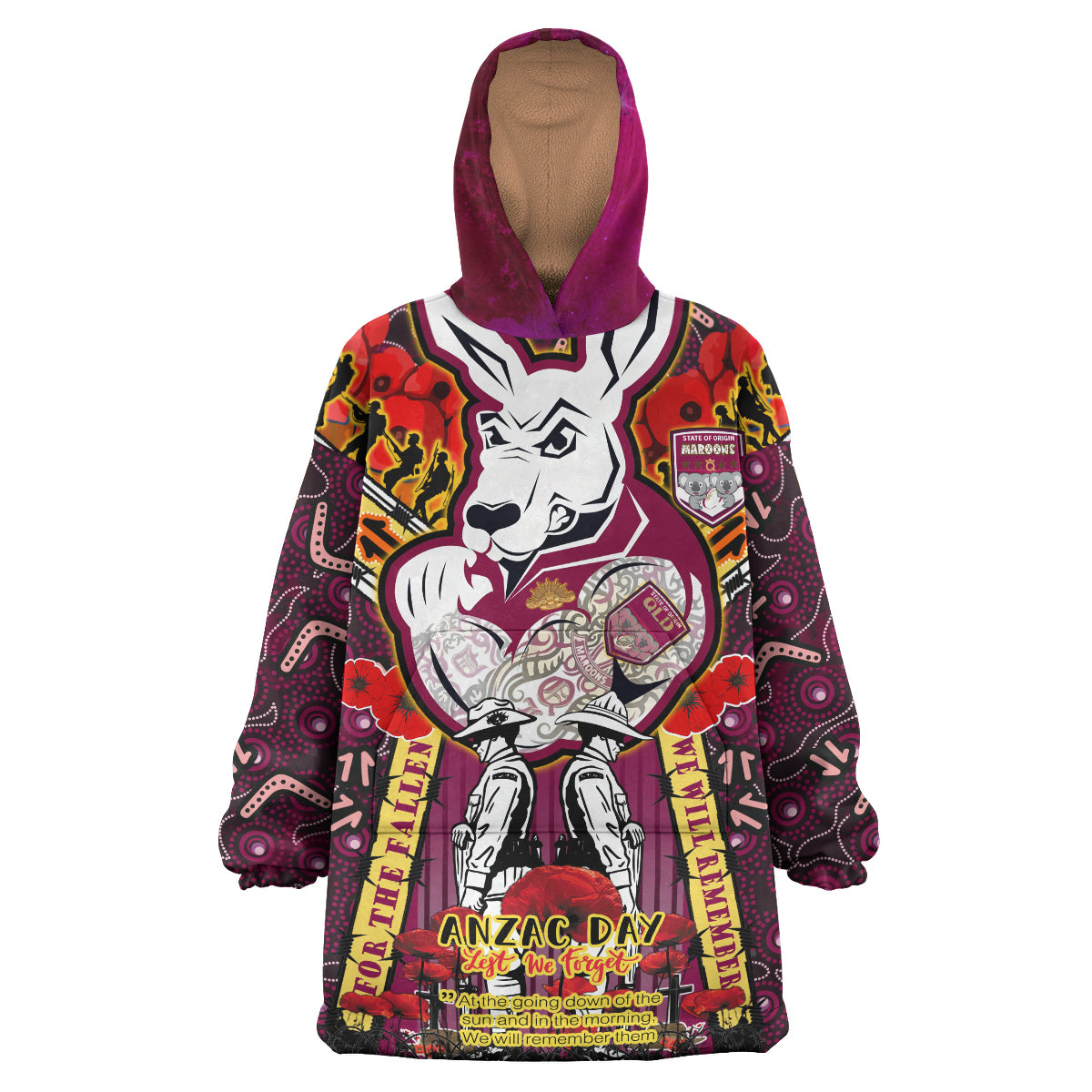 Maroons Rugby Anzac Custom Watercolour Snug Hoodie - Remembrance Maroons Kangaroo With Poppy Flower Wearable Blanket Hoodie RLT14 - Vibe Hoodie Shop