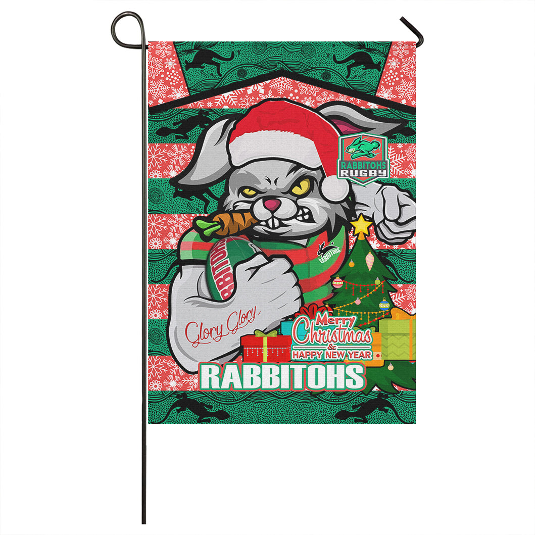 Rabbitohs Christmas Rugby Custom Flag - Merry Christmas Super Rabbitohs With Rugby Ball And Aboriginal Patterns Flag - Vibe Hoodie Shop