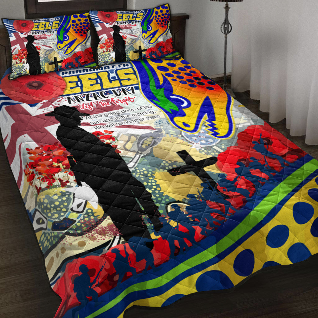 Eels Rugby Australia ANZAC Day Lest We Forget Custom Quilt Bed Set - Remembrance Eels With ANZAC Poppy Watercolour Style RLT13 - Vibe Hoodie Shop