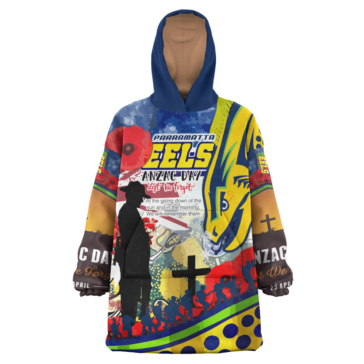 Eels Rugby Australia Anzac Day Lest We Forget Custom Snug Hoodie - Remembrance Eels With Anzac Poppy Watercolour Style Wearable Blanket Hoodie RLT14 - Vibe Hoodie Shop