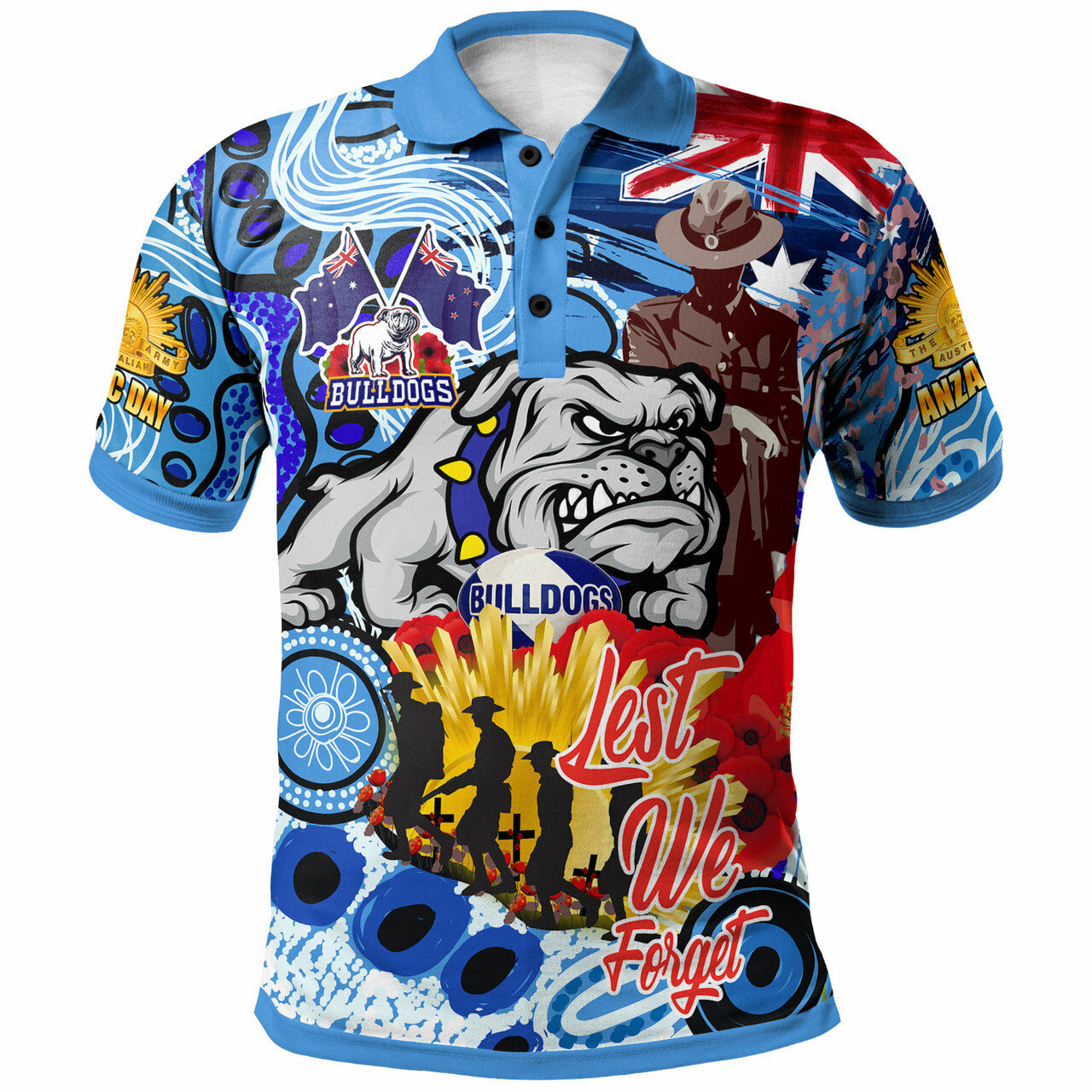 Bulldogs Rugby Australia And NZ ANZAC Day Polo Shirt - Lest We Forget Bulldogs With Rugby Ball And Aboriginal Patterns - Vibe Hoodie Shop