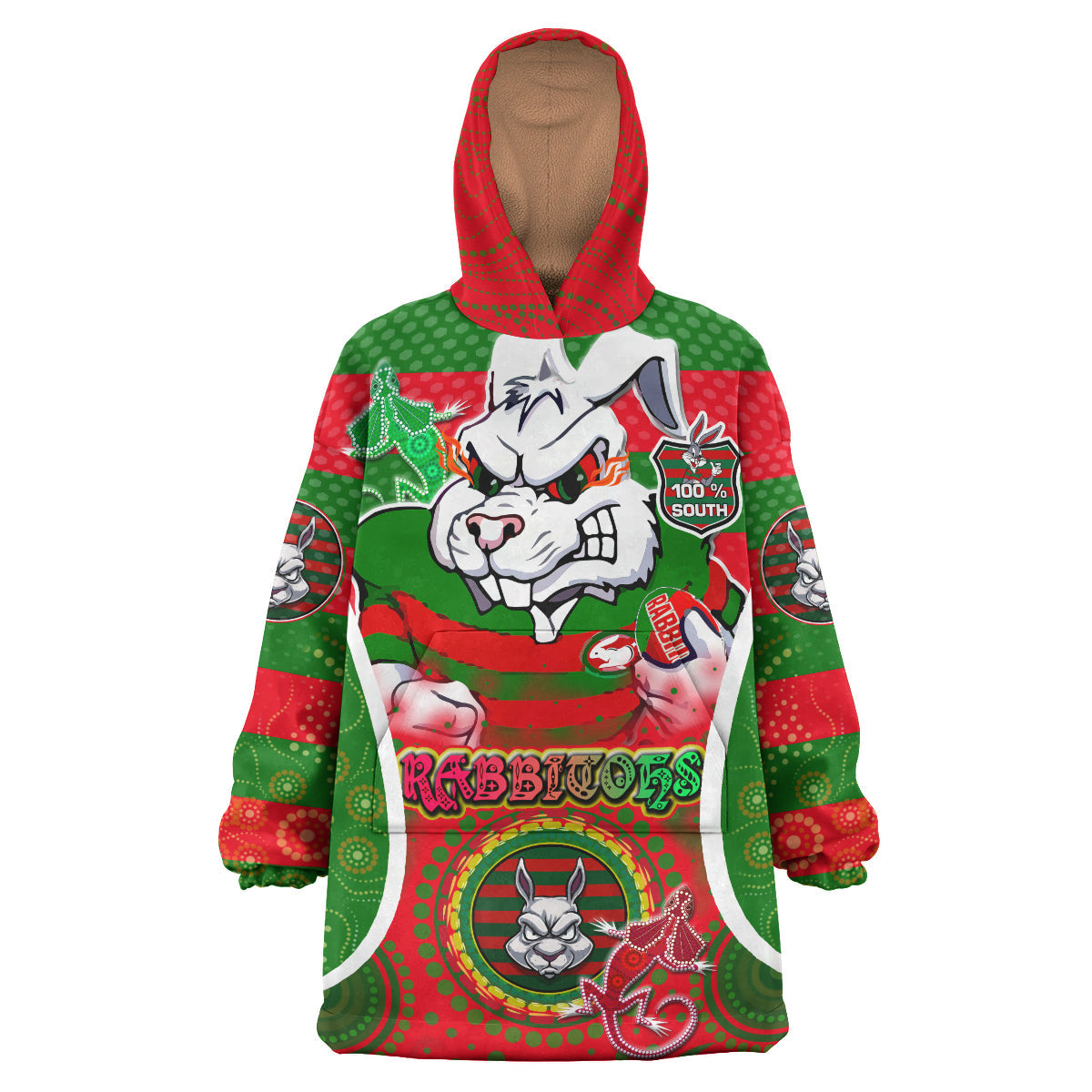 Rabbitohs Rugby Snug Hoodie - Custom Angry Rabbitohs 100% South Personalised Player And Number Aboriginal Pride Wearable Blanket Hoodie RLT14 - Vibe Hoodie Shop