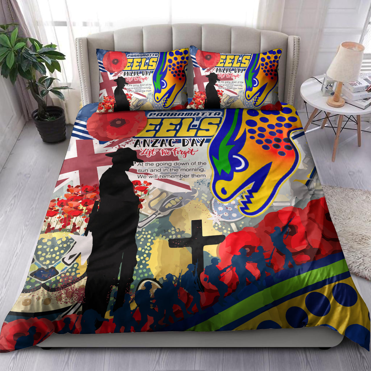 Eels Rugby Australia ANZAC Day Lest We Forget Custom Bedding Set - Remembrance Eels With ANZAC Poppy Watercolour Style RLT13 - Vibe Hoodie Shop